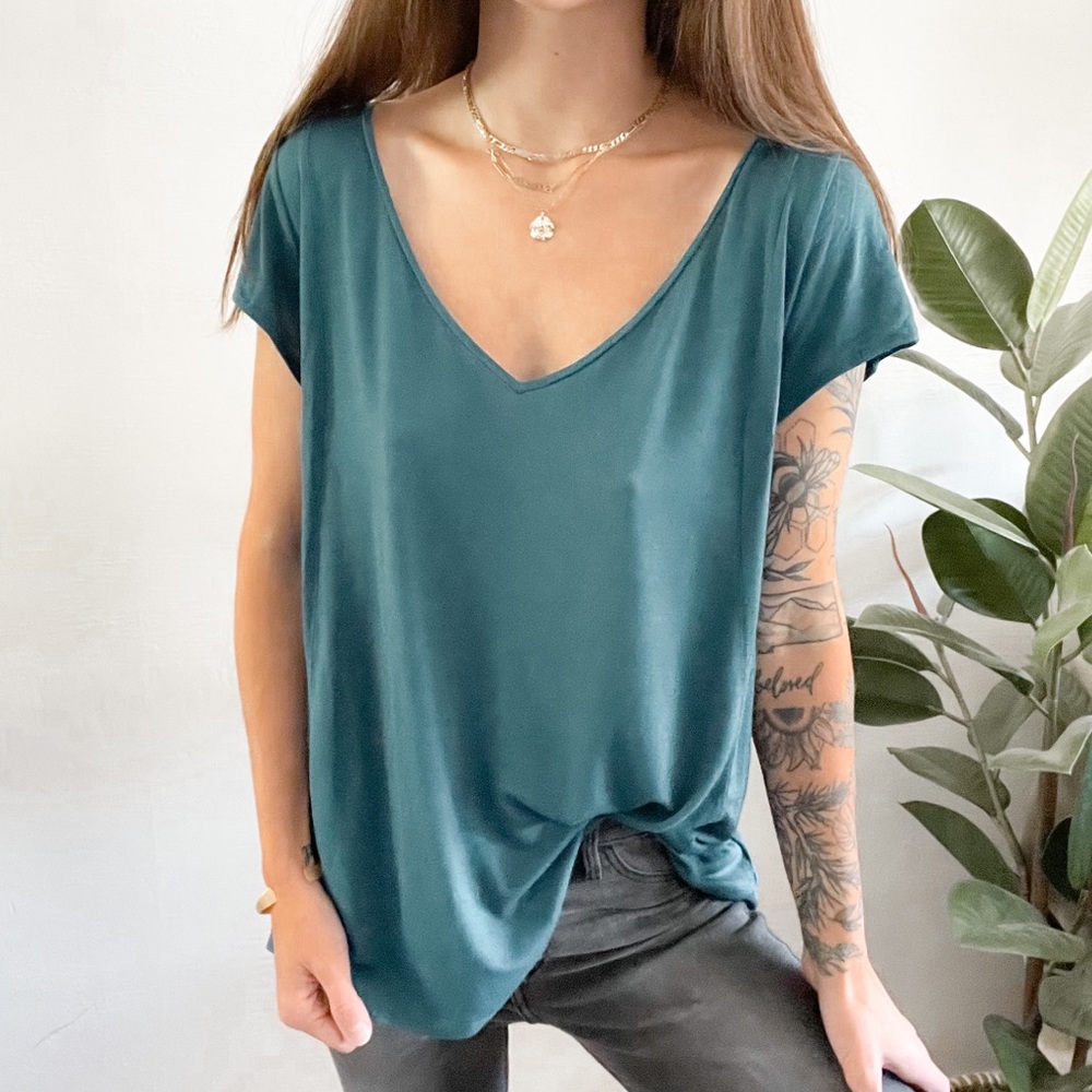 Anthropologie Deletta Mixed Media Teal Cutout Top